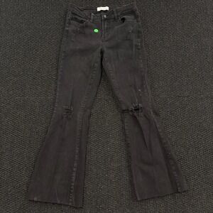 Flying Monkey High Rise Flare Jeans Black Wash Distressed Raw Hem Size 28